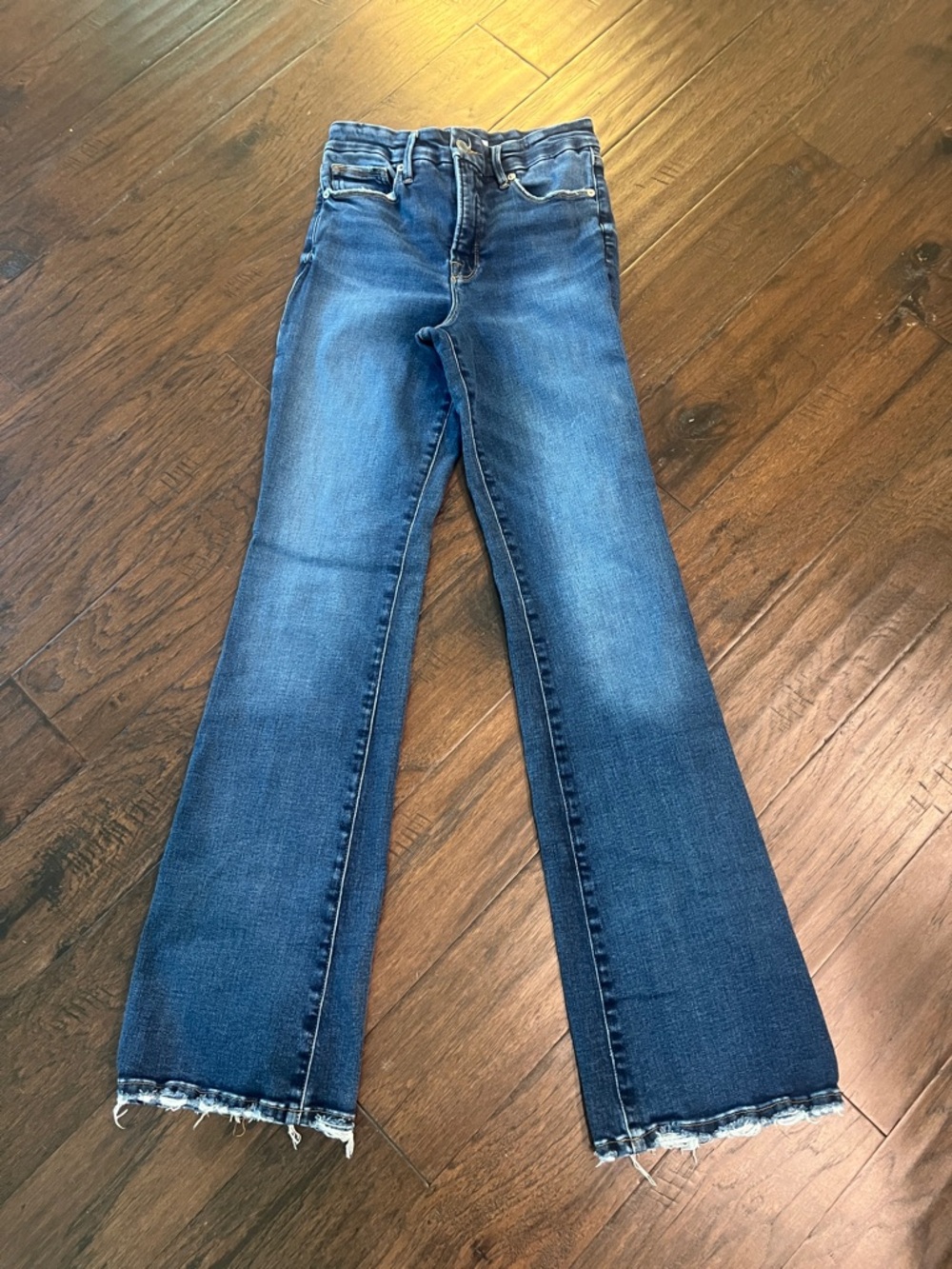 Good American Dark Blue Classic Bootcut Jeans Distressed Hem 6/28 EUC